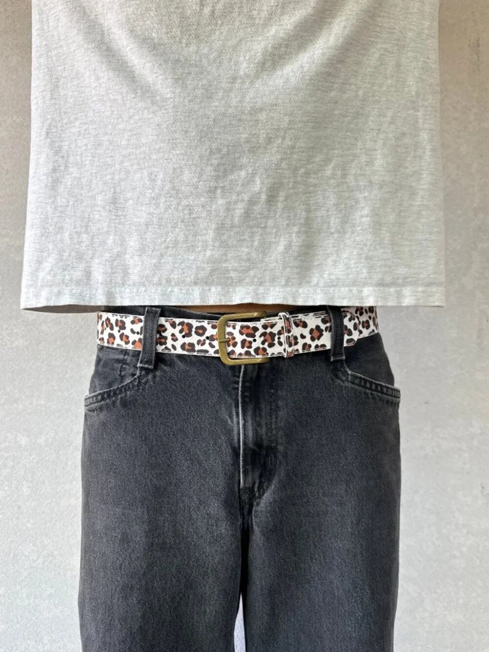 White Cheetah Leopard Faux Pony Hair Belt Brass Buckle